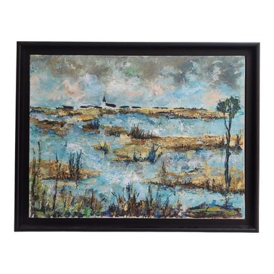 a painting of a landscape with water and trees in it