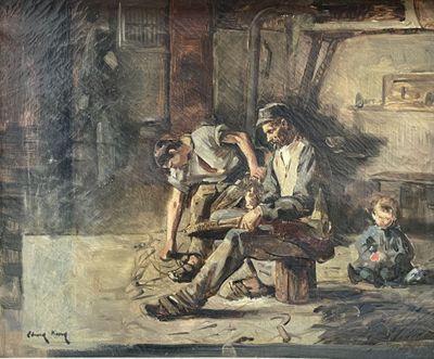 a painting of a man sitting on a bench with two children