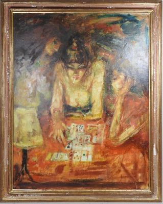 une peinture à l'huile représentant une femme jouant aux cartes sur une table