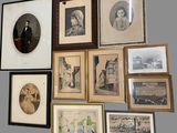 many framed pictures on the wall of this room