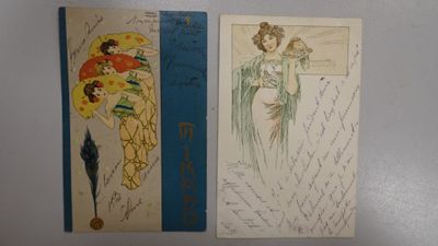 two bookmarks with drawings of women on them on a table