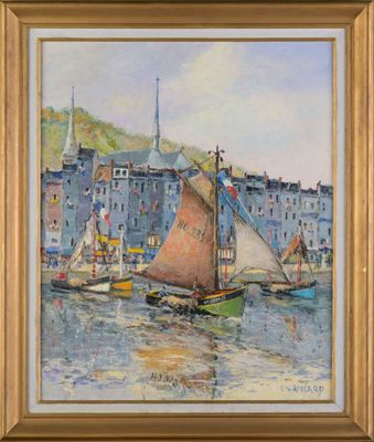 a painting of a sailboat in a harbor