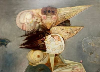 un tableau représentant un oiseau avec un chapeau sur la tête