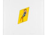 a painting of a woman flying through the air on a yellow background