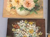 four paintings of flowers in a vase on a table