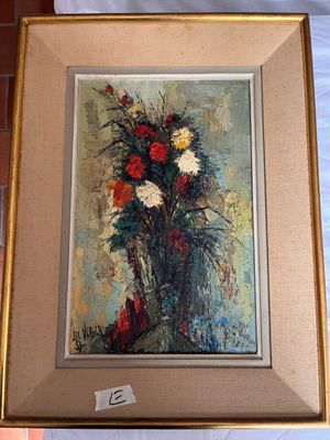 a painting of flowers in a vase on a table