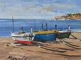 tableau représentant des bateaux sur une plage, avec un phare en arrière-plan