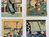 six framed japanese woodblocks depicting women in traditional clothing