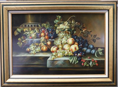 une peinture représentant une nature morte avec des fruits sur une table