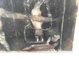un tableau représentant un chat assis sur une chaise dans une pièce
