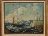 an oil painting of a ship in the water near a lighthouse