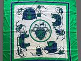 a close up of a green and white scarf with a picture of a car