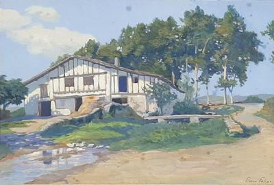 a painting of a house on the side of the road