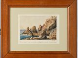 an image of a painting of rocks and water in a wooden frame