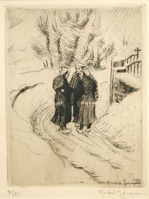une image représentant deux femmes marchant dans la neige