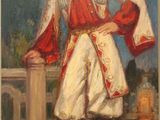 une peinture à l'huile représentant un homme vêtu d'un costume rouge et blanc