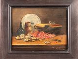 tableau représentant une nature morte avec un bol de fruits et une assiette posés sur une table