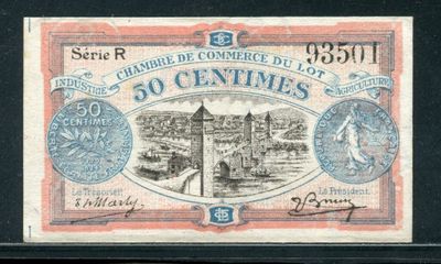 un ancien billet français de 50 centimes avec l'image d'un château en arrière-plan