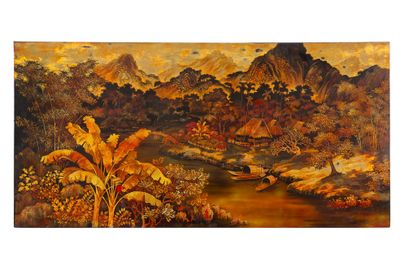 une image d'une peinture représentant une scène de montagne avec une rivière au premier plan