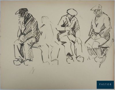 sketches of three people sitting on a bench, one with a hat and the other with a cane