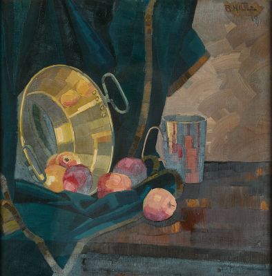un tableau représentant des pommes et un seau posés sur une table