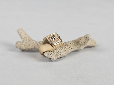 a close up of a gold ring on a piece of coral