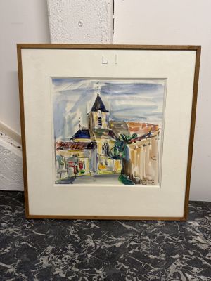 aquarelle encadrée représentant une église avec un clocher en arrière-plan