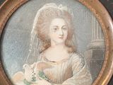painting of a lady holding a bird and a vase on a table