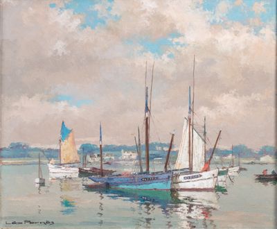 a painting of boats in the water on a cloudy day