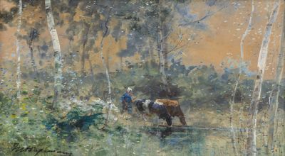 un tableau représentant deux personnes à cheval dans les bois