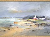 an oil painting of a beach scene with a boat on the water