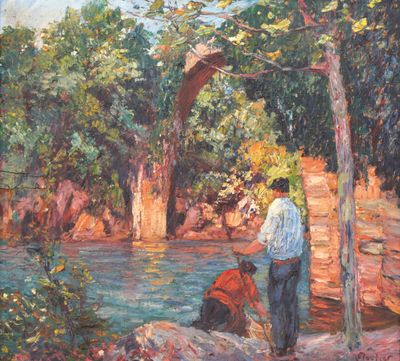an oil painting of a man and a dog by a river