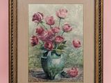 painting of pink roses in a green vase on a pink background