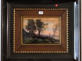 un tableau représentant un paysage avec des arbres et une rivière en arrière-plan