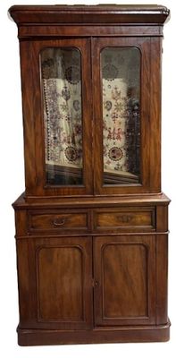 an image of a wooden china cabinet with glass doors and drawers