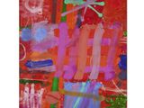 peinture abstraite représentant une table rouge sur laquelle sont disposés divers objets colorés