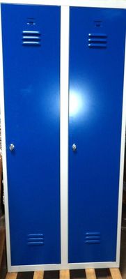 two blue lockers that are on pallets in a room
