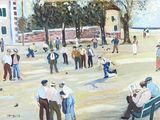 tableau représentant un groupe de personnes jouant au baseball dans un parc