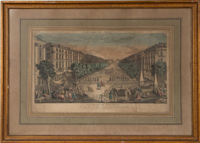 une vieille photo représentant une peinture d'une ville avec des personnages et des bâtiments