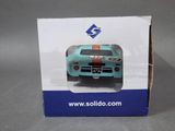 the box is open to show the front of a blue sports car