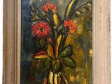 an oil painting of a vase of flowers on a table