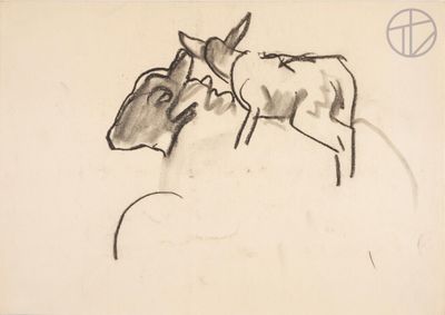 drawing of two cows standing next to each other with a peace sign in the background
