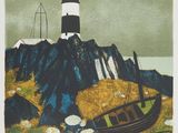 un tableau représentant un phare et un bateau sur le rivage