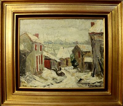 une photo d'un tableau représentant un village sous la neige