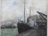 painting of a ship docked at a dock with other ships in the background