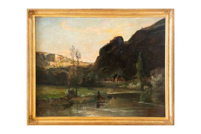 une image représentant un tableau de paysage avec une rivière au premier plan et une montagne à l'arrière-plan