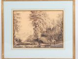 a drawing of a landscape with a man and a dog in the foreground