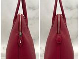 two photos of a red handbag on a marble surface