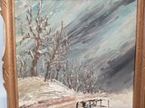 a painting of a truck driving down a snowy road