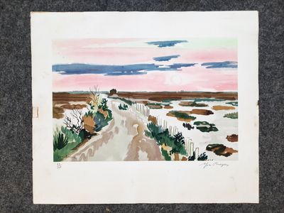 tableau représentant un chemin de terre avec un ciel rose en arrière-plan